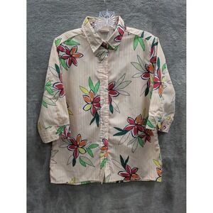 Floral Stripe Button Down Blouse Women's Small 3/4 Sleeve Tropical Resort Retro